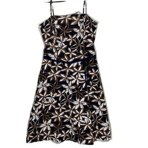 New York & Company Floral Sundress Womens 8 Black Brown White Cotton Stretch Tie
